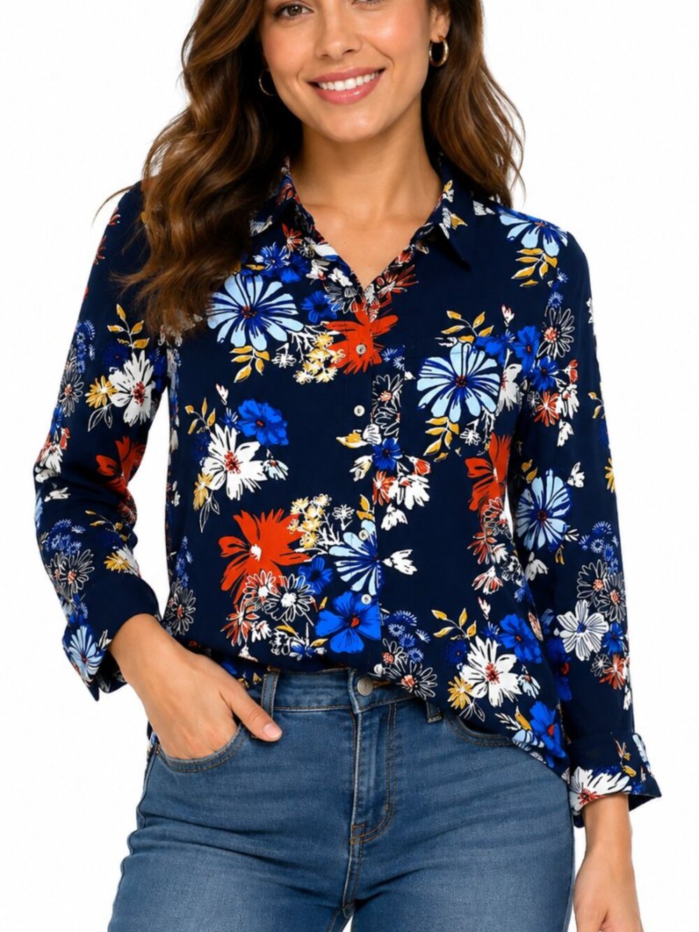 intro. Navy Orange Blue Yellow Floral Long Sleeve Button Up Blouse